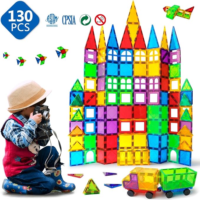 MAGBLOCK Magnetic Tiles Building Blocks 130 Pcs Magnet Tiles for Kids Ages 4-8 Magnetic Toys for Boys and Girls Ages 8-10