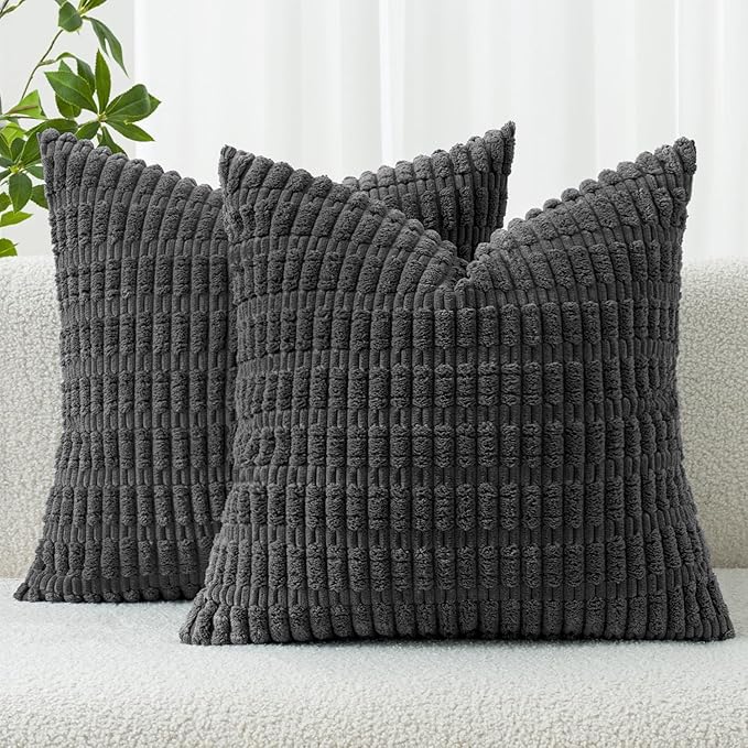 MIULEE Pack of 2 Corduroy Decorative Throw Pillow Covers 18x18 Inch Soft Boho Striped Pillow Covers Modern Farmhouse Home Decor for Sofa Living Room Couch Bed Dark Grey