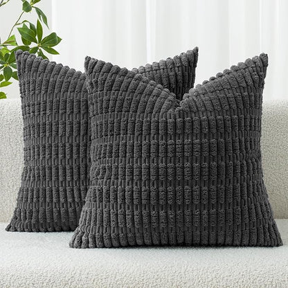 MIULEE Pack of 2 Corduroy Decorative Throw Pillow Covers 18x18 Inch Soft Boho Striped Pillow Covers Modern Farmhouse Home Decor for Sofa Living Room Couch Bed Dark Grey