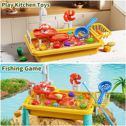 Kids Water Table Play Toy for Toddlers 1-3 4-8 Years Old, Kitchen Sink with Electrical Pump and Flowing Water, Fishing Games, Outside Sensory Gift Toys for Boys and Girls 2 3 4 5 6 7 8