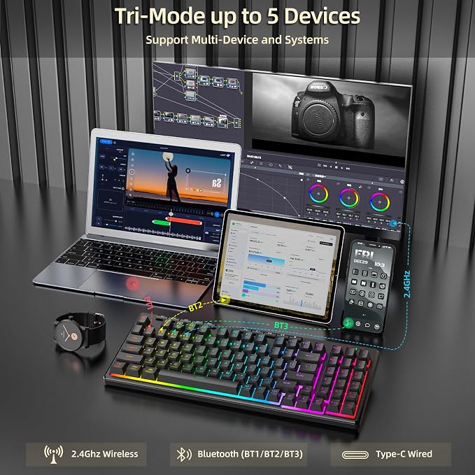 Redragon K517 Pro Wireless Gaming Keyboard, RGB Backlit, Tri-Mode BT/2.4GHz/USB-C, Mechanical Feel 94 Keys Computer Keyboard with 4 Macro Keys, Number Pad, 4000mAh Battery for Win/MAC