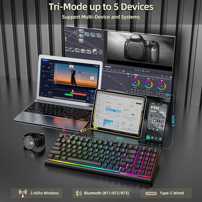 Redragon K517 Pro Wireless Gaming Keyboard, RGB Backlit, Tri-Mode BT/2.4GHz/USB-C, Mechanical Feel 94 Keys Computer Keyboard with 4 Macro Keys, Number Pad, 4000mAh Battery for Win/MAC