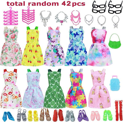 42 pcs Doll Clothes and Accessories Including 10 pcs Fashion Mini Dresses 32 pcs Shoes, Glasses, Necklaces, Handbag, Hangers Accessories for 11.5 Inch Girl Doll