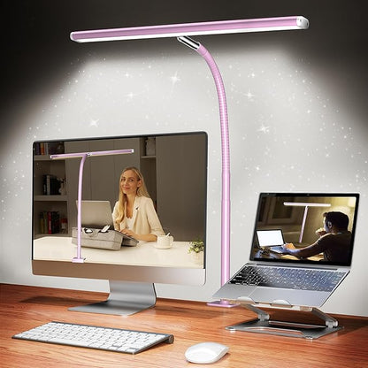 Airlonv LED Desk Lamp for Office Home, Eye-Caring Desk Light with Stepless Dimming Adjustable Flexible Gooseneck, 10W USB Adapter Desk Lamp with Clamp for Reading, Study, Workbench (Pink)