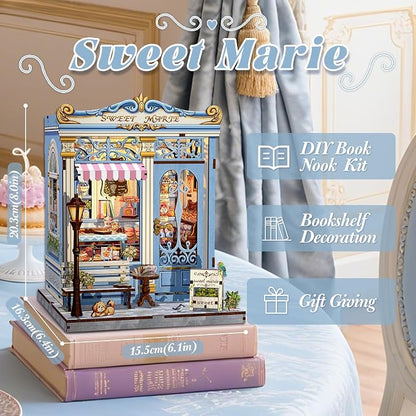 Fsolis Book Nook Kit - DIY Miniature House Kit for Adults, Booknook Bakery Bookshelf 3D Wooden Puzzles Gifts for Women Puzzle Lovers (Sweet Marie)