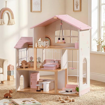 ROBOTIME Wooden Doll House, Dollhouse with 6 Open Rooms, 37 Pcs DIY Modular Doll House Furniture Accessories, Pretend Dollhouse Creative Gift for Girl Ages 3+ (Pink)