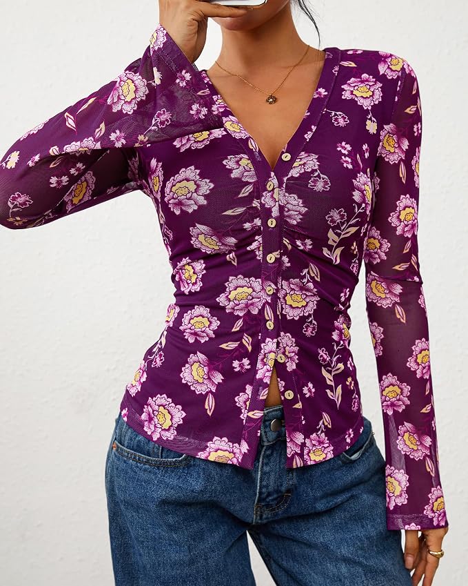 BTFBM Button Down Shirts for Women 2026 Fall Boho Tops V Neck Long Sleeve Blouses Ruched Mesh Fitted Fashion Clothing
