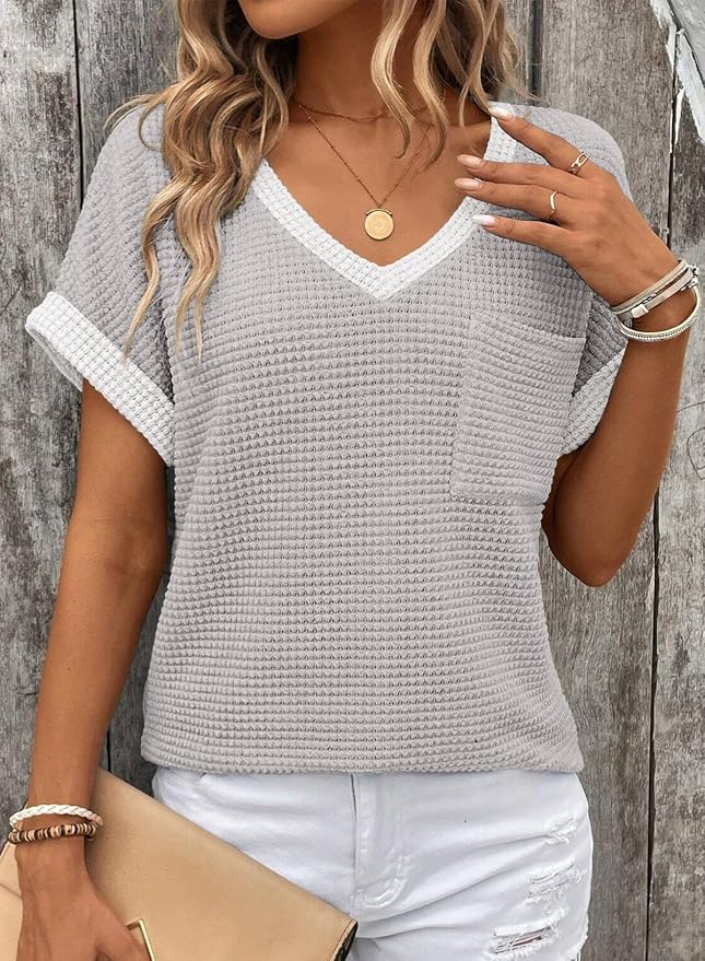 Dokotoo Womens Waffle Knit Tops 2026 Spring Summer V Neck Shirts Casual Trendy Women's Blouses Basic Tee