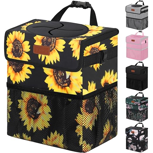 Vankor Car Trash Can for Car Cute,Bag Bin Hanging Waterproof Automotive Garbage Cans Leak Proof Vehicle Trash Can Sunflower