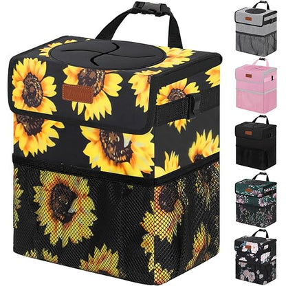 Vankor Car Trash Can for Car Cute,Bag Bin Hanging Waterproof Automotive Garbage Cans Leak Proof Vehicle Trash Can Sunflower