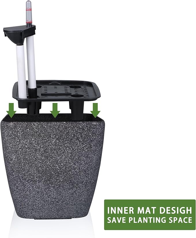 Dexceder 13x12 Self Watering Planter with Wheels Indoor Outdoor, Inner Mat Design, Thickened Large Floor Standing Flower Plant Pot with Water Level Indicator (Stone Matte)