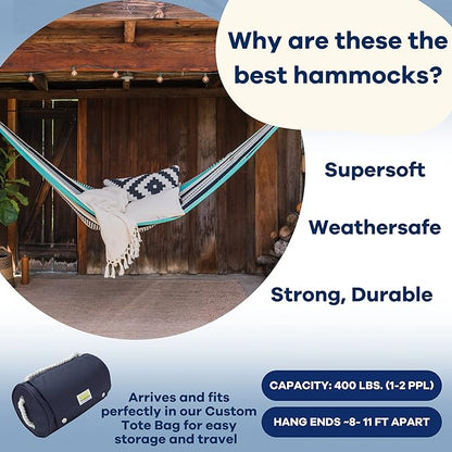 Handwoven Hammock by Yellow Leaf Hammocks - Double Size, Fits 1-2 PPL, 400lb max - Weathersafe, Super Strong, Easy to Hang, Ultra Soft, Artisan Made - Color: Turquoise - Black -White