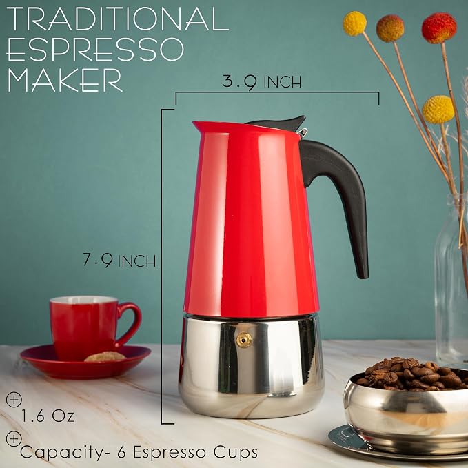Mixpresso 6 Cup Greca Moka Pot Red Stainless Steel Stovetop Espresso Maker | 300ml/10oz Italian stovetop coffee maker with classic percolator design, ideal for preparing coffee at home or while camping