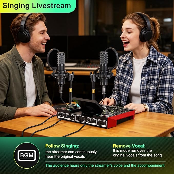 tenlamp G10 Podcast Equipment Bundle for 2 with Live Sound Board Audio Mixer - Two Condenser Mics, Voice Changer, Noise Reduction, for PC/Phone Streaming, Gaming, Singing, Podcast, Recording