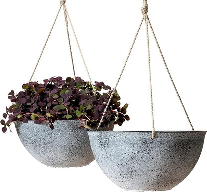 LA JOLIE MUSE Large Hanging Planters for Outdoor Plants - 13 Inch Hanging Flower Pots with Drainage Holes, Set of 2, Rock Grey