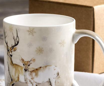 Maison d' Hermine Coffee Mug with Handles Tea Cups (15 Ounce, Pack of 1) | Fine Bone China Coffee Mugs for Hot Beverages Cappuccino Latte Home Restaurant Spring Summer -Deer In The Woods - Oh Deer