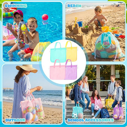 Paterr 4 Pcs Mesh Beach Tote Bag Seashell Bags Foldable Large Beach Toy Organizer with Drawstring, Pool Gym Swimming Camping Accessories Lightweight Foldable Birthday Gifts (4 Colors)