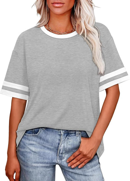 WIHOLL Womens T Shirts Loose Fit Short Sleeve Tees Crew Neck Color Block Summer Tops 2026 Fashion