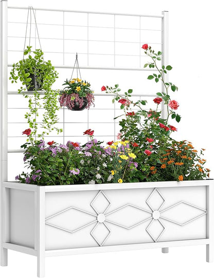Outsunny Planter Box with Trellis, 35.4 x 15.7 x 47.2 inch Raised Garden Bed with Drainage Holes, Planters for Outdoor Plants, Vegetables, Flowers, Herbs, Trellis Planter, White