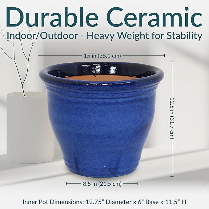 Sunnydaze Large Ceramic Plant Pot - Round Outdoor Glazed Ceramic Planter Pot with Drainage - Studio - Imperial Blue - 14.5"