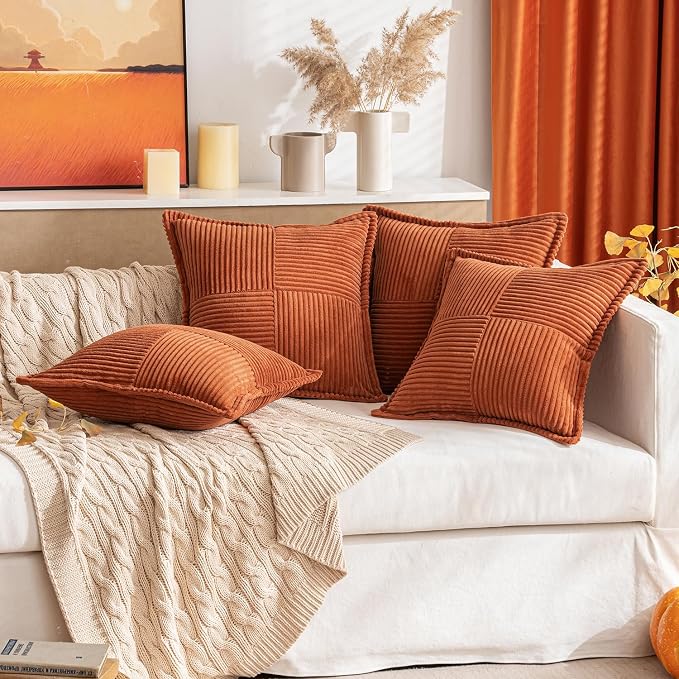 MIULEE Fall Rust Decorative Throw Pillow Covers for Couch Bed Livingroom 12x12 Inch Set of 2 Boho Accent Throw Pllows Broadside Striped Patchwork Soft Corduroy Pillowcases, Terracotta