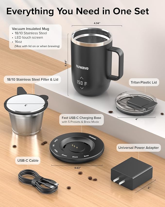 Nuwave Self-Heating Coffee Mug with Charging Base, 16oz, 45201BV02 | Heated Coffee Cup, 5Hr Cordless Runtime, LED Touch Controls, Adjustable Brew Settings, Includes Stainless Steel Filter