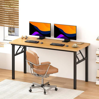 Need Office Computer Desk 54.3 Inch Sturdy Folding Laptop Table Teak | Black Frame Writing Gaming Work Table/Foldable Home Office Desk/Sewing Table, No Assembly Required