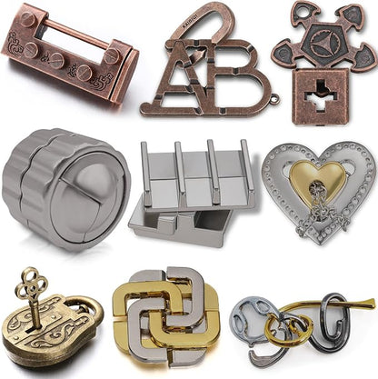 Wettarn 9 Pcs Metal Brain Teaser Puzzles 3D Steel Puzzle Set for Adults IQ Logic Challenge Disentanglement Unlock Interlocking Games Smart Logic Test Toys for Adults Mind Challenge(Novelty Style)