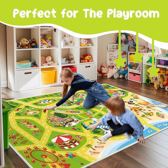 Kids Carpet Kids Car Rug Play Mat for Playroom- 78"x 118" Non Slip Washable Kids Road Rug for Kids- Kids Educational Rug Great for Toddler Classroom Boys Girls Bedroom Decor(Green)