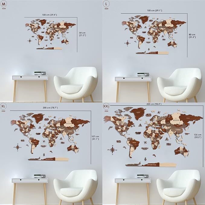 Colorfull Worlds, Multilayer 3D Wooden World Map, Travel Map States and Capitals, Wall Decor For New House, Gift For Travelers, Office Decor, Educational Activity for Children (M, Betül)