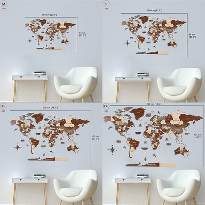 Colorfull Worlds, Multilayer 3D Wooden World Map, Travel Map States and Capitals, Wall Decor For New House, Gift For Travelers, Office Decor, Educational Activity for Children (M, Betül)