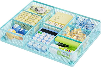 Marbrasse Desk Drawer Organizer, Metal Mesh Drawer Organizer Tray with 5 Adjustable Compartments,Desk Organizers and Accessories for Home,Office,Kitchen,Makeup,Vanity (Blue)