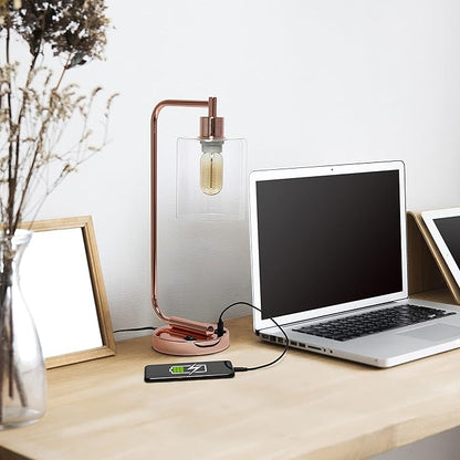 Simple Designs LD1066-RGD-LB Industrial Vintage Bronson Iron Lantern Desk Table Lamp with USB Port and Glass Cylinder Shade for Office, Living Room, Bedroom, Rose Gold, with Feit LED Bulb Included