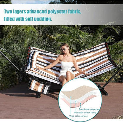 TegerDeger 12FT 2 Person Hammock Large Hammock 450LB Capacity with V Shaped Hardwood Spreader Bar & Nylon Rope for Outside, Patio, Garden, Backyard, Beach, Poolside - Coffee Stripes