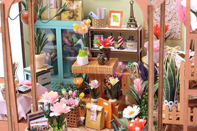 GuDoQi DIY Miniature Dollhouse Kit, Tiny House with Furniture, 1:24 Scale, Handmade Gift for Birthday Christmas Day, Jenny Greenhouse Flower Shop