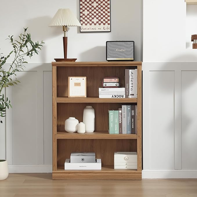 blini 3-Shelf Bookcase Wooden Bookshelves 33in Wide Floor Standing Display Storage Shelves Oak Bookcase for Home Office, Living Room, Bed Room