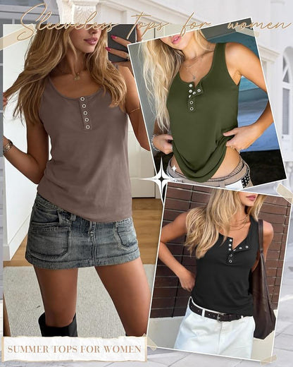 Ficerd 3 Pack Women's Henley Tank Tops Sleeveless Button Down Summer Shirts 2026 Casual Trendy Loose U Neck Tee Blouses