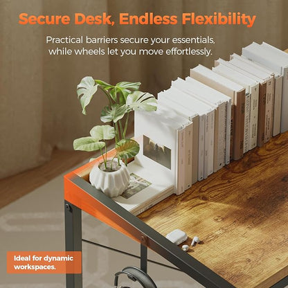Mericonia 47x20 Inch Small Computer Desk with Wheels & Rear Lip | Simple Rolling Desk, Writing Table for Home Office Bedroom Work Study, Brown