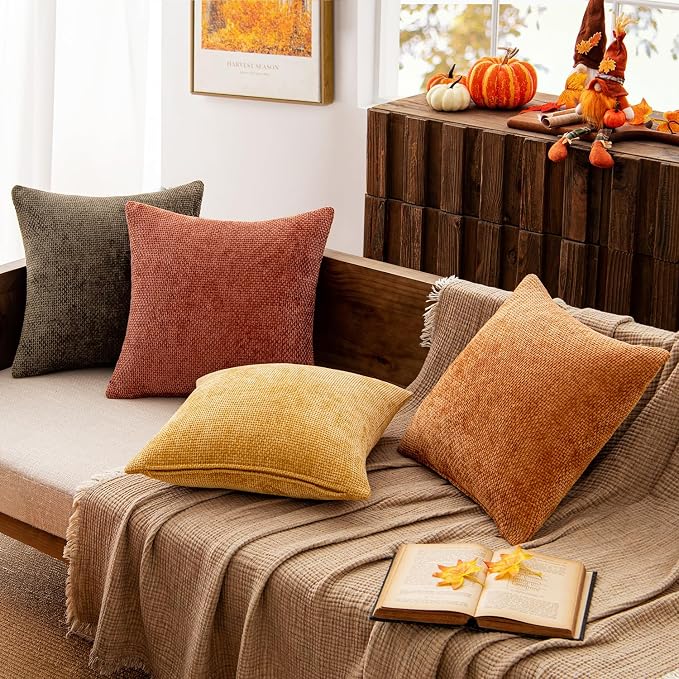 MIULEE Pack of 4 Orange/Yellow Couch Throw Pillow Covers 20x20 Inch Halloween Soft Decorative Chenille Pillows Farmhouse Accent Cushions for Boho Fall Home Decor Sofa Bedroom Living Room