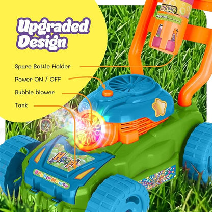 Hoopi Extreme Bubble Lawn Mower for Toddlers 1-3, Spill-Proof Kids Bubble Machine with Lights for 2-Year-Old Boy Birthday Gift, Bubbles Blowing Push Toddler Outdoor Toys for Ages 2-4 with 3 Bottles