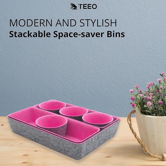Teeo - Desktop Storage Drawers - Makeup Organizer Drawers - Office Drawer Organizer Tray - Pink Organizers and Storage - Home Desk Bins Dividers Box Compartment Organization - Pack of 7, Hot Pink