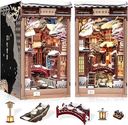Cutefun DIY Book Nook Kit Kyoto Snow Whisper – Japanese Snow Scene 3D Wooden Puzzle Miniature Dollhouse Kit with LED Light, Bookshelf Insert Decor, Creative Gift for Adults, Teens & Book Lovers