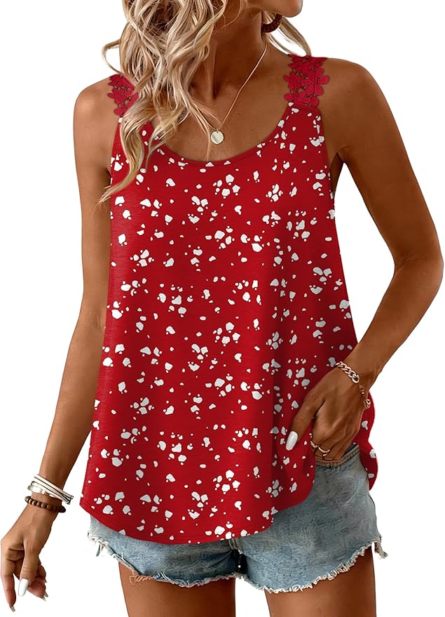 OFEEFAN Tank Top for Women Loose Fit Crew Neck Sleeveless Shirts Strap Lace Camisole Chiffon Summer Tops Curved Hem