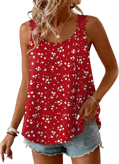 OFEEFAN Tank Top for Women Loose Fit Crew Neck Sleeveless Shirts Strap Lace Camisole Chiffon Summer Tops Curved Hem