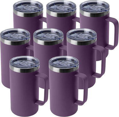 DOMICARE 24oz Mug with Handle and Lid, Stainless Steel Coffee Mug, Travel Mug with Handle, Double Wall Vacuum Coffee Tumbler, Reusable Insulated Cup, Dark Purple, Pack 8