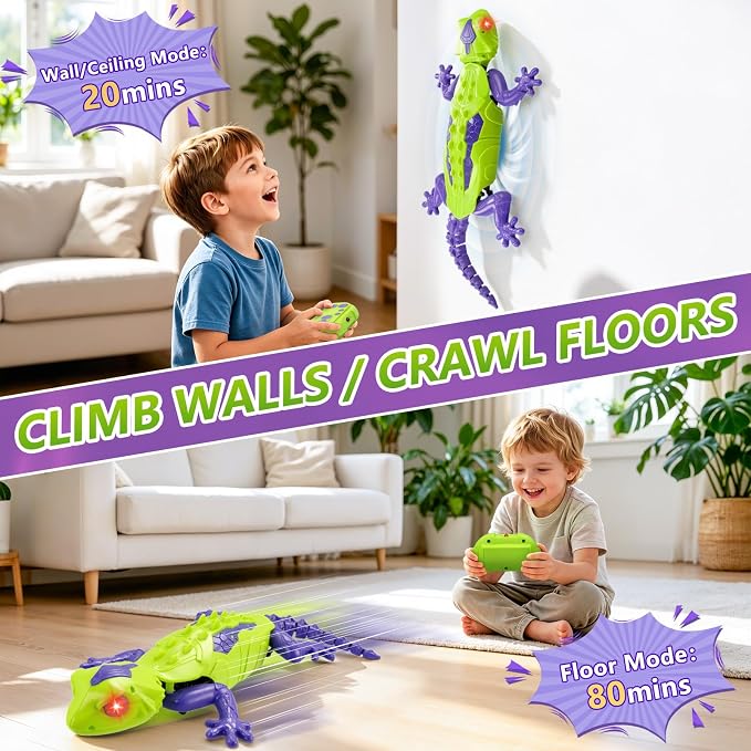 RC Wall Climbing Gecko, Rechargeable Remote Control Lizard Robot for Kids | 360° Rotating Wall Crawler Toy with LED Eyes, RC Stunt Car Toy Birthday Christmas Gift for 3-12 Year Old Boys Girls