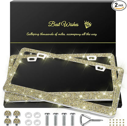 QUANQIUFEI 2 Pack Bling License Plate Frames for Women, Sparkly Rhinestone Diamond Car Accessories with Glitter Crystal Caps (Gold)