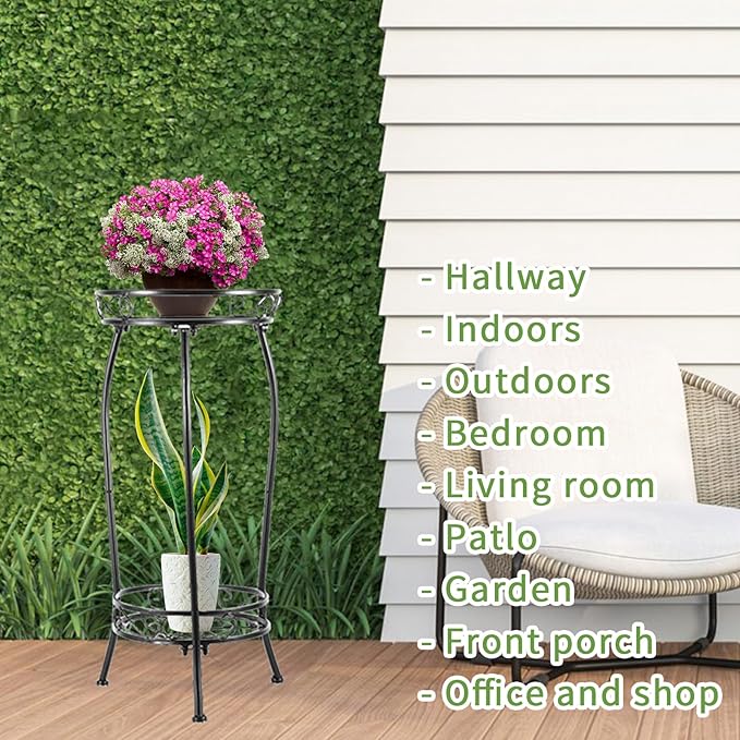 Plant Stand Indoor Outdoor，Tall Black Metal Rustproof Stable Plant Stands，2 Tier 27.1 inch (2PS-Iron)