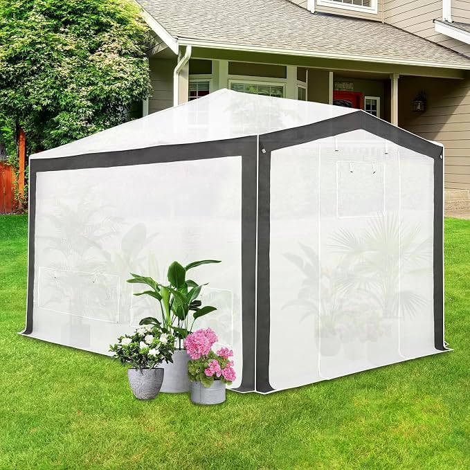 EAGLE PEAK 12x8 Portable Walk in Greenhouse with Polyester Reinforced Corners, Instant Pop up Indoor Outdoor Gardening Green House, Roll Up Zipper Doors Mesh Windows & Winter Support Pole, Gray/White