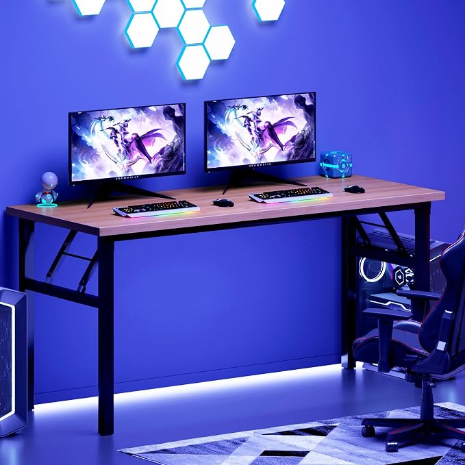 Need Office Computer Desk 54.3 Inch Sturdy Folding Laptop Table Teak | Black Frame Writing Gaming Work Table/Foldable Home Office Desk/Sewing Table, No Assembly Required